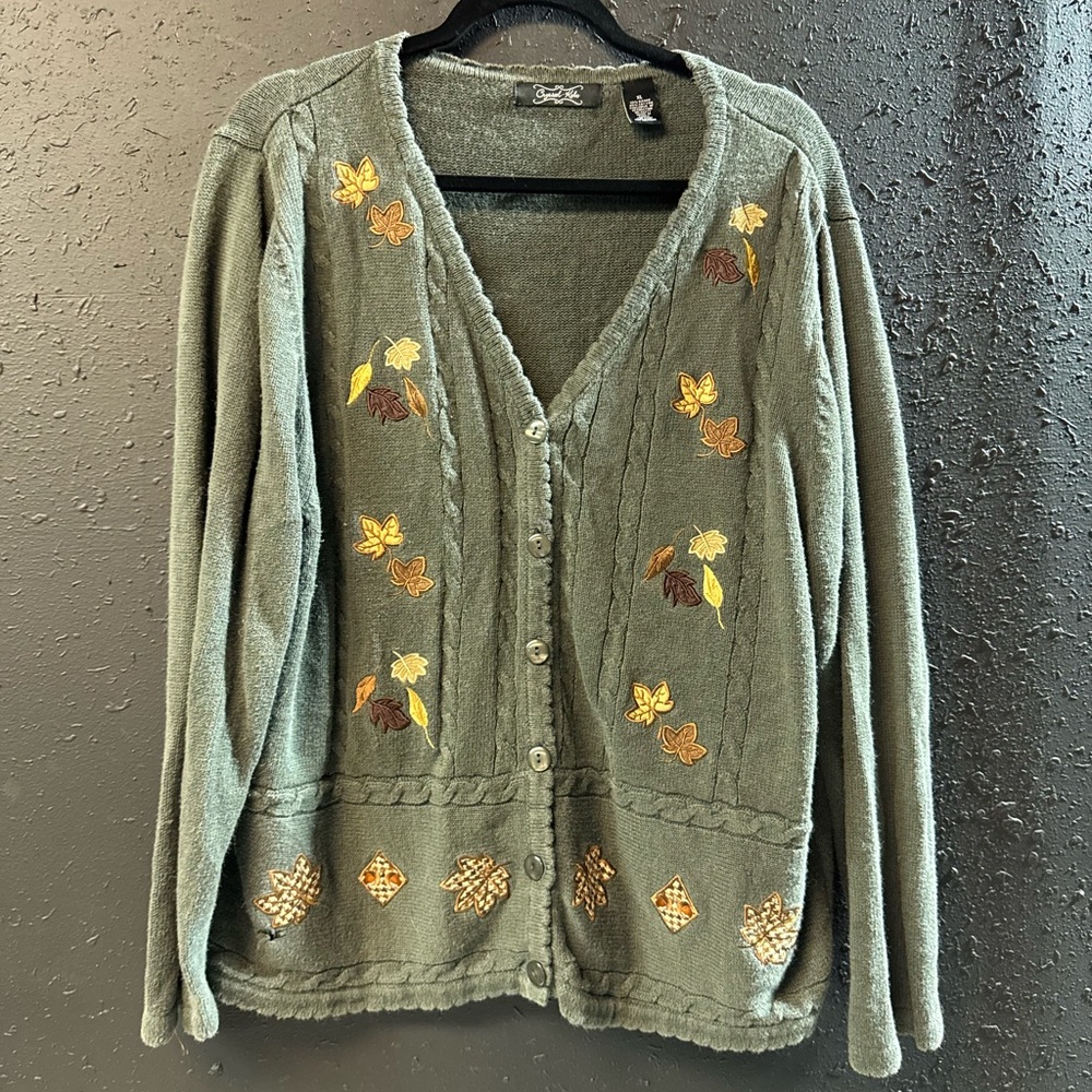 Crystal Kobe Embroidered Fall Leaves Sweater Green Brown Yellow Orange Size XL